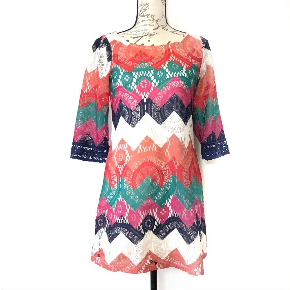 Boat neck chevron lace tunic crochet boho dress - Picture 4 of 11